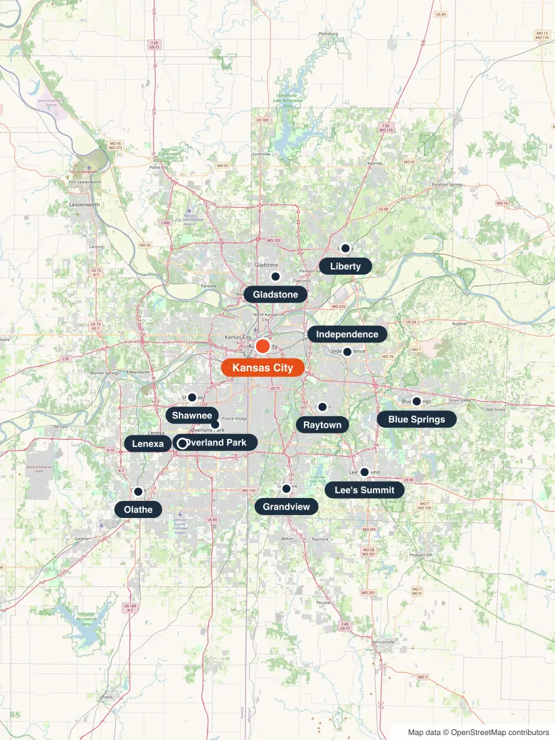 Map of the Kansas City metro with pins on Kansas City and 11 nearby service cities